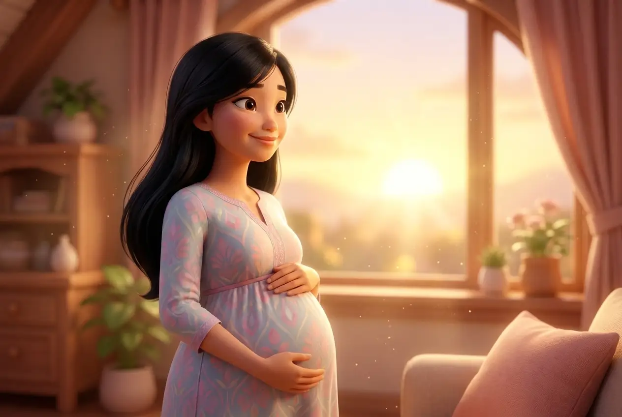 Mẹ bầu bên cửa sổ bình minh, tay ôm bụng đầy hy vọng