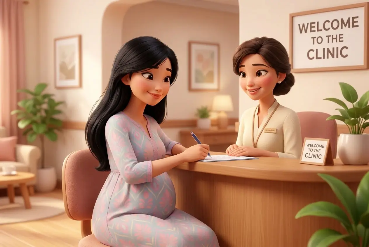 Mẹ bầu làm thủ tục tại quầy lễ tân phòng khám