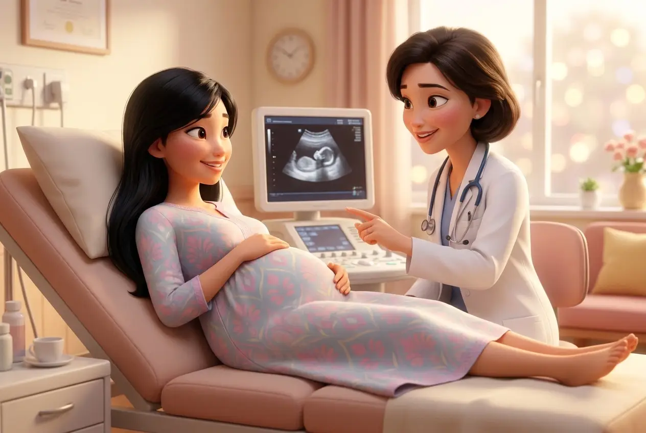 Mẹ bầu và bác sĩ cùng xem màn hình siêu âm