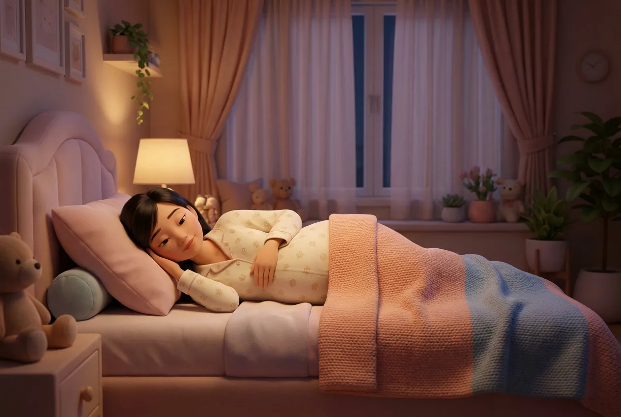 Mẹ bầu ngủ ngon nằm nghiêng dưới chăn nhẹ