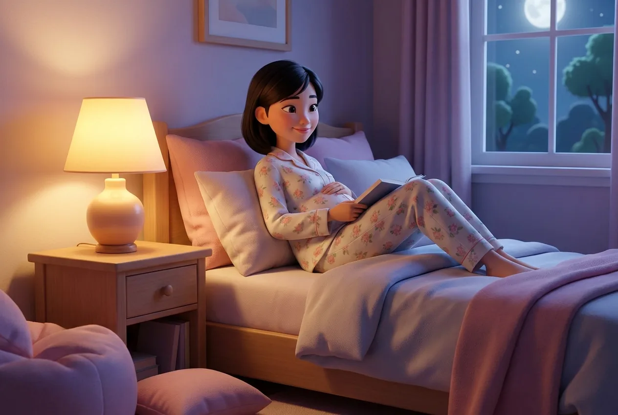 Góc phòng ngủ yên tĩnh đèn vàng dịu trước giờ ngủ