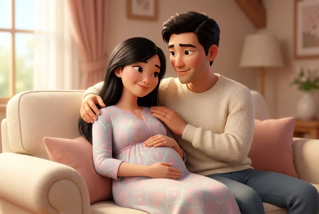 Mẹ bầu nghỉ ngơi, chồng đặt tay lên vai an ủi