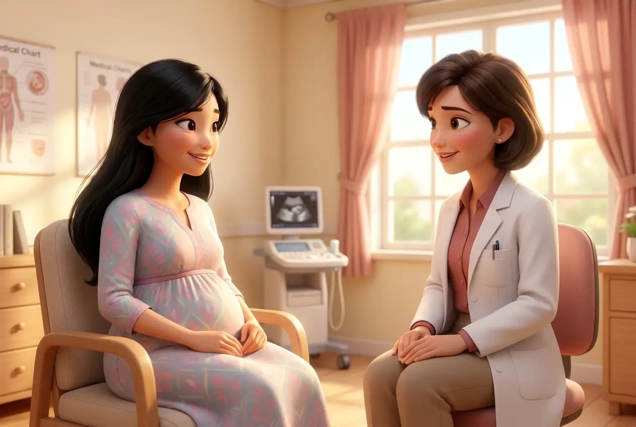 Mẹ bầu trò chuyện cùng bác sĩ nữ trong phòng khám sáng