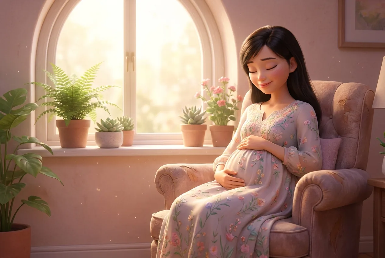 Mẹ bầu nhắm mắt thở chậm thư giãn bên cửa sổ nắng