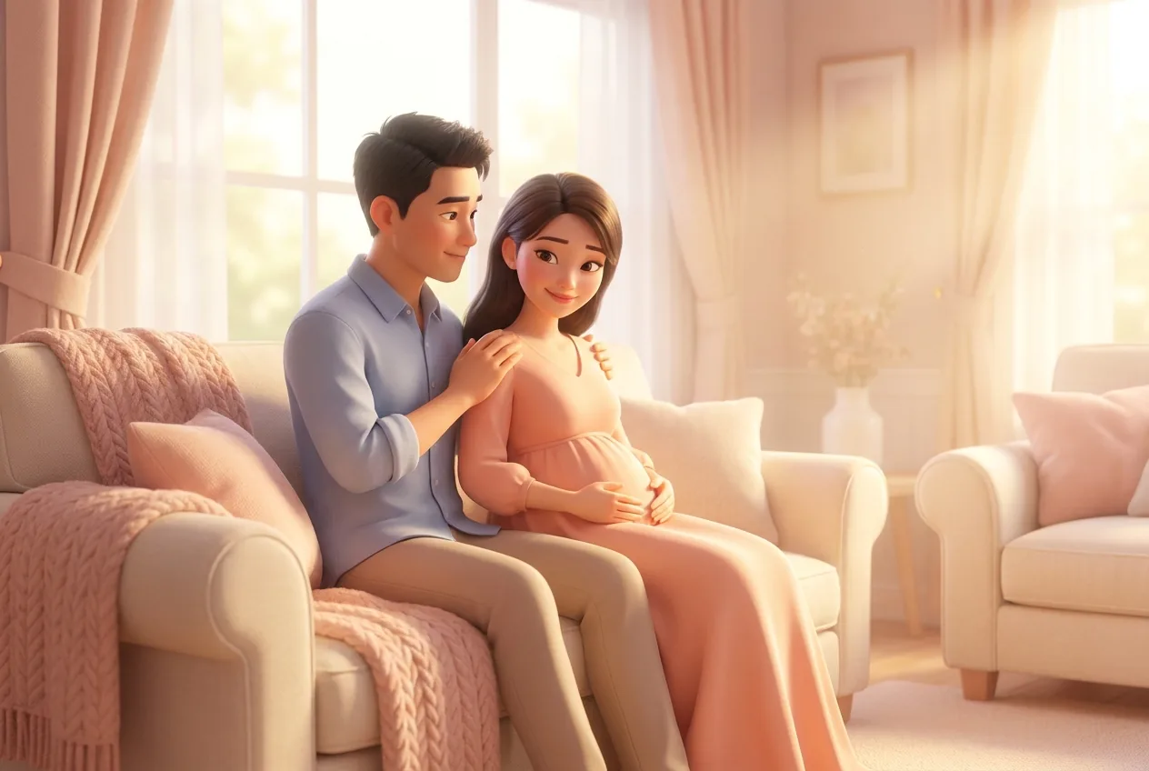 Chồng đặt tay lên vai vợ bầu, đồng hành an ủi