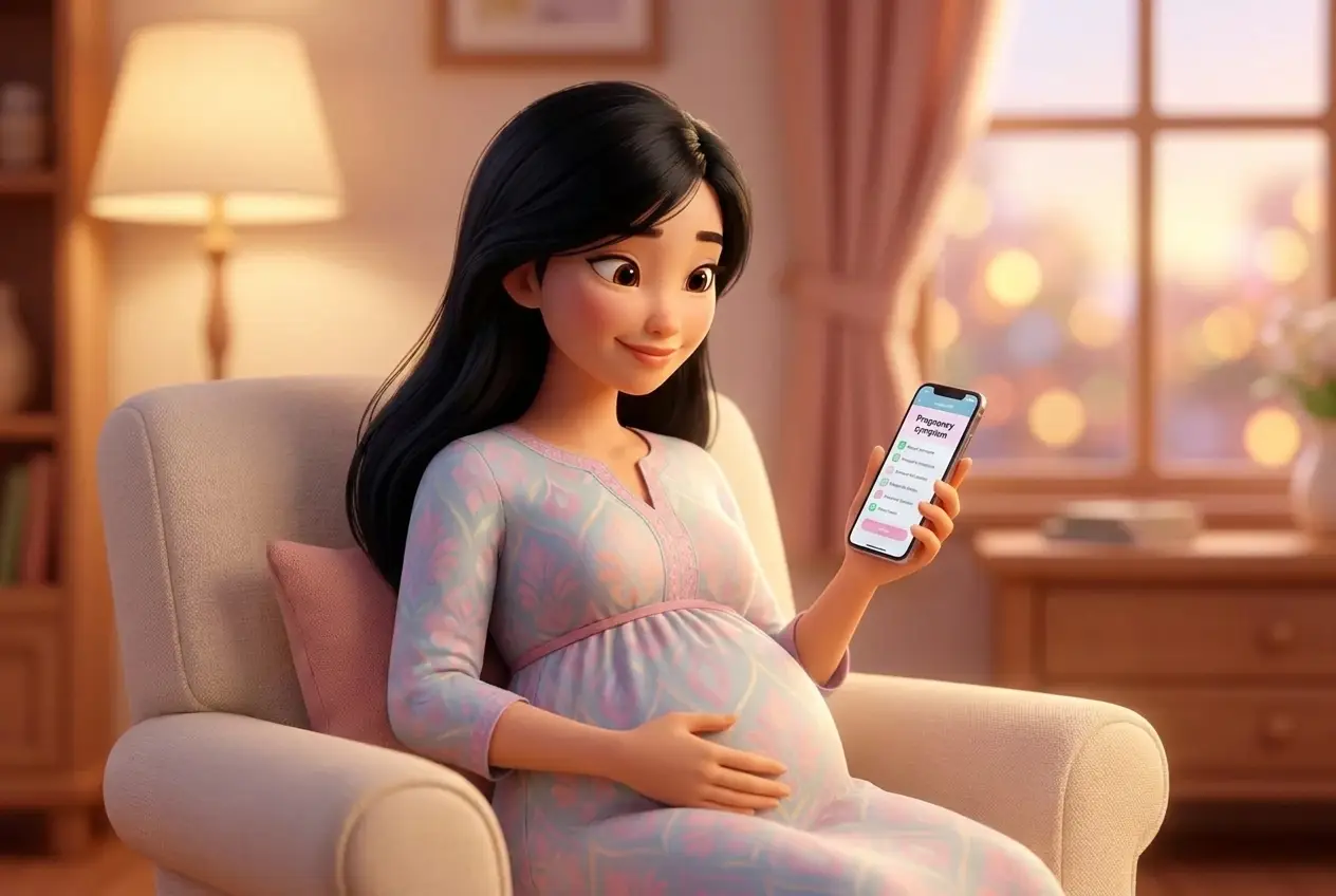 Mẹ bầu đặt tay lên bụng, theo dõi triệu chứng qua điện thoại